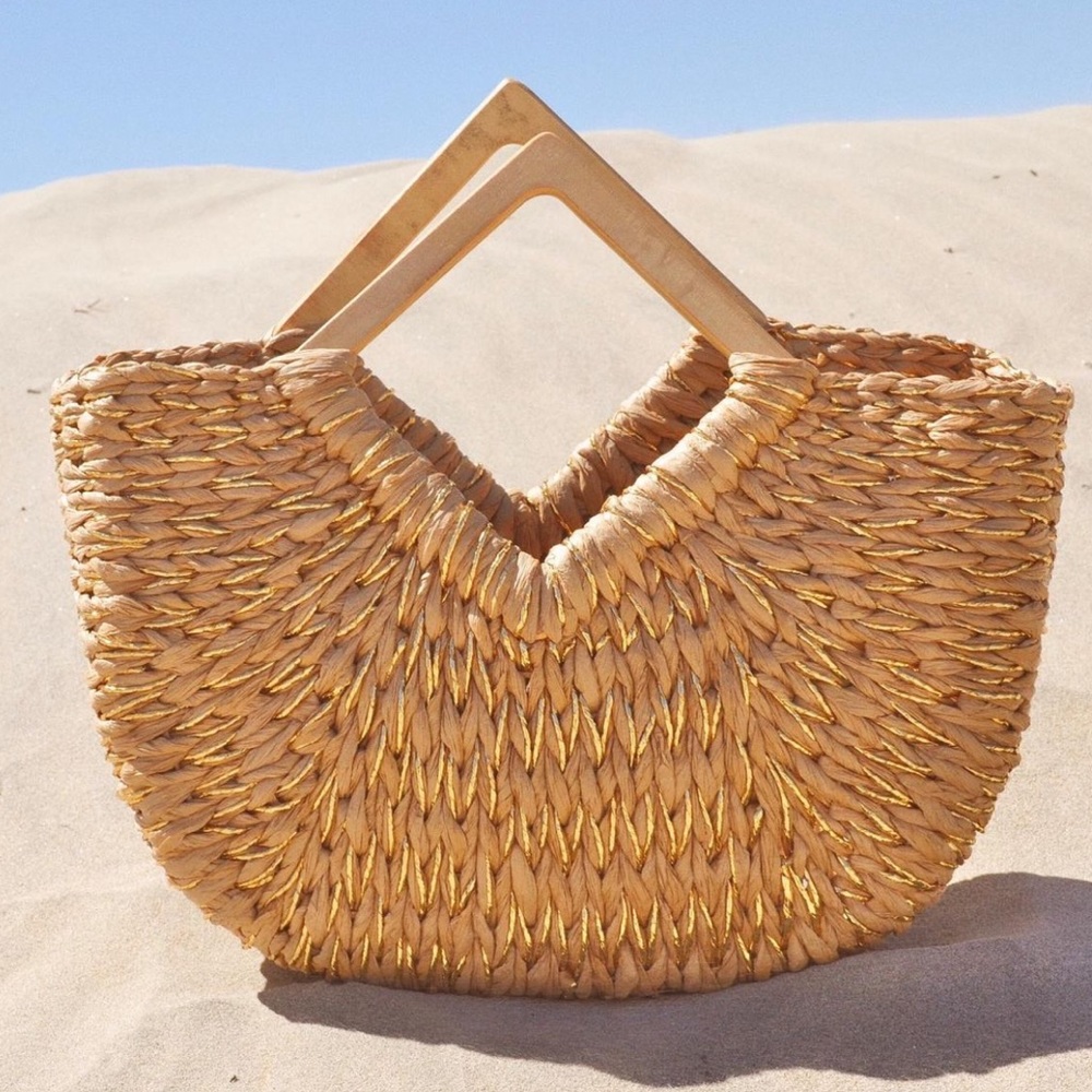 ARTISAN HANDCRAFTED WOOD AND STRAW BOHO TOTE BAG